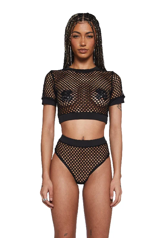 Techno Fantasy Fishnet Crop Top - Black