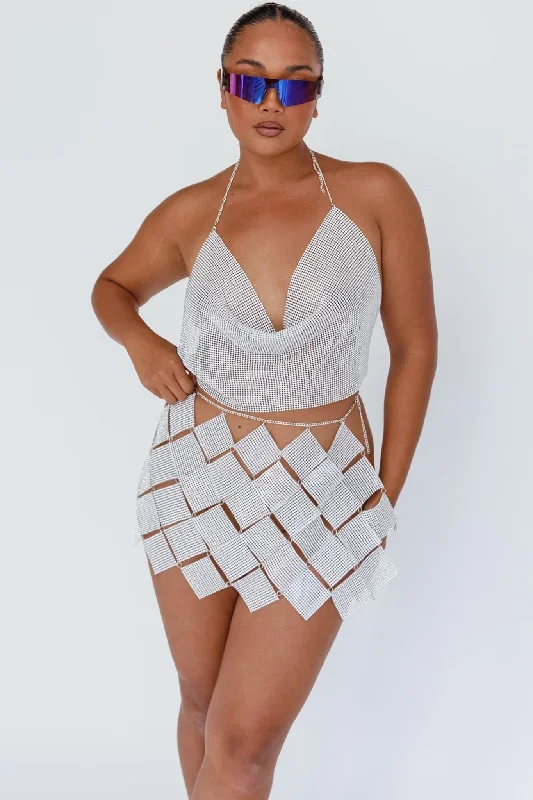 Vally Sequins Geometric Mini Skirt Silver