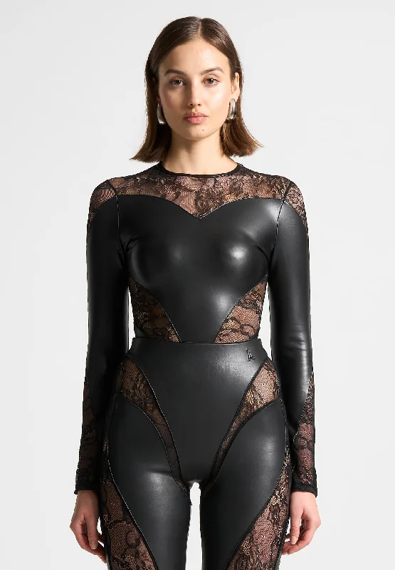 Vegan Leather and Lace Contour Bodysuit - Black