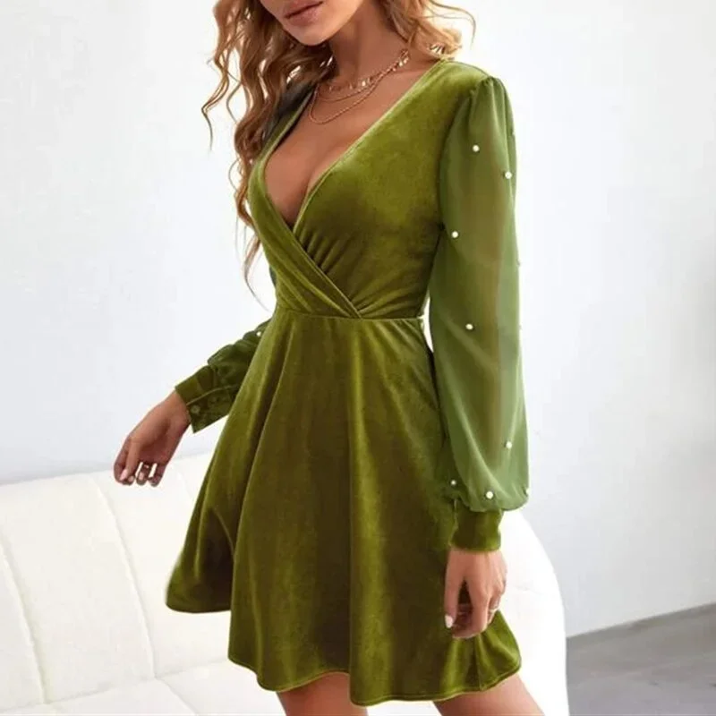 vestido-elegant-solid-color-velvet-dress-spring-2022-sexy-mesh-puff-sleeves-deep-v-neck-a-line-skirt-women-fashion-party-dresses