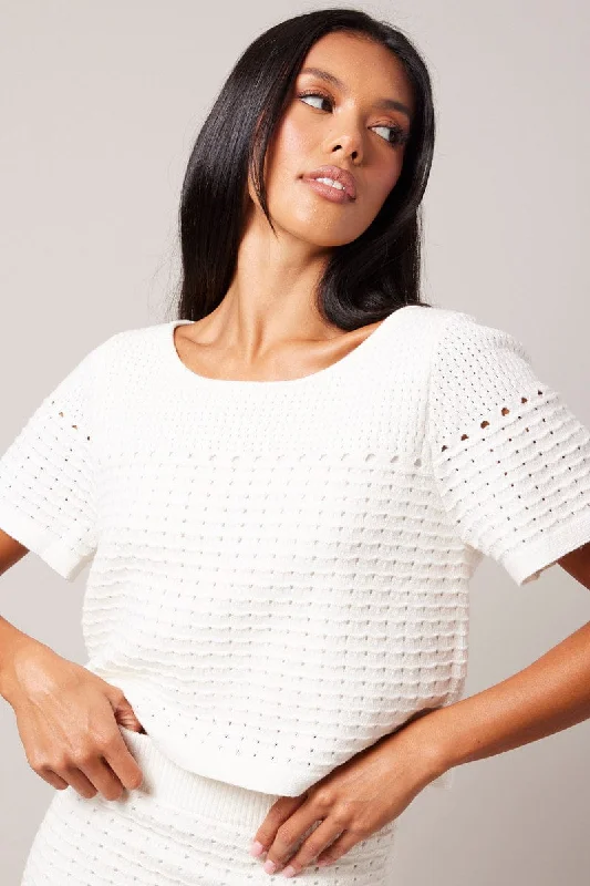 White Knit Top Short Sleeve Crochet