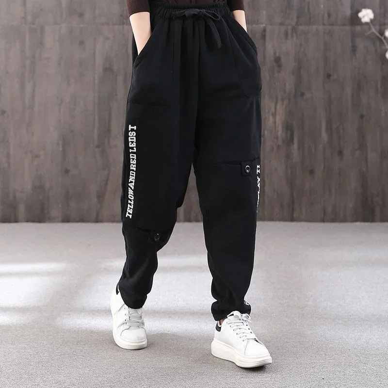 Winter letter plus velvet female loose black slim elastic waist pants