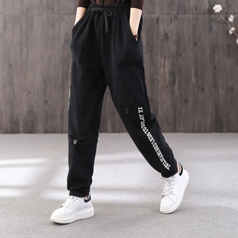 winter-letter-plus-velvet-female-loose-black-slim-elastic-waist-pants