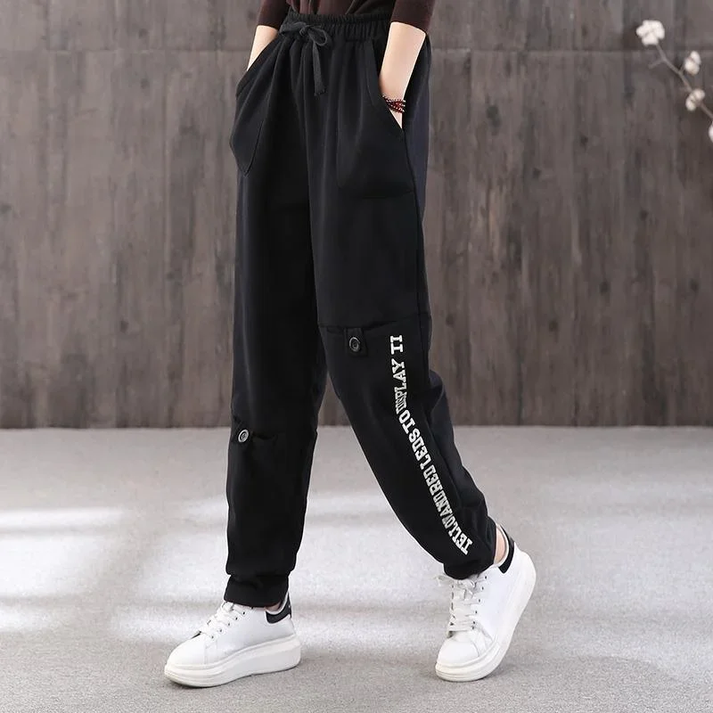 winter-letter-plus-velvet-female-loose-black-slim-elastic-waist-pants