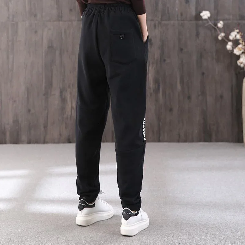 winter-letter-plus-velvet-female-loose-black-slim-elastic-waist-pants