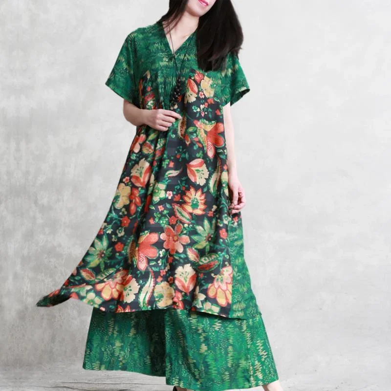 women-green-print-v-neck-asymmetric-top-and-elastic-waist-wide-leg-pants