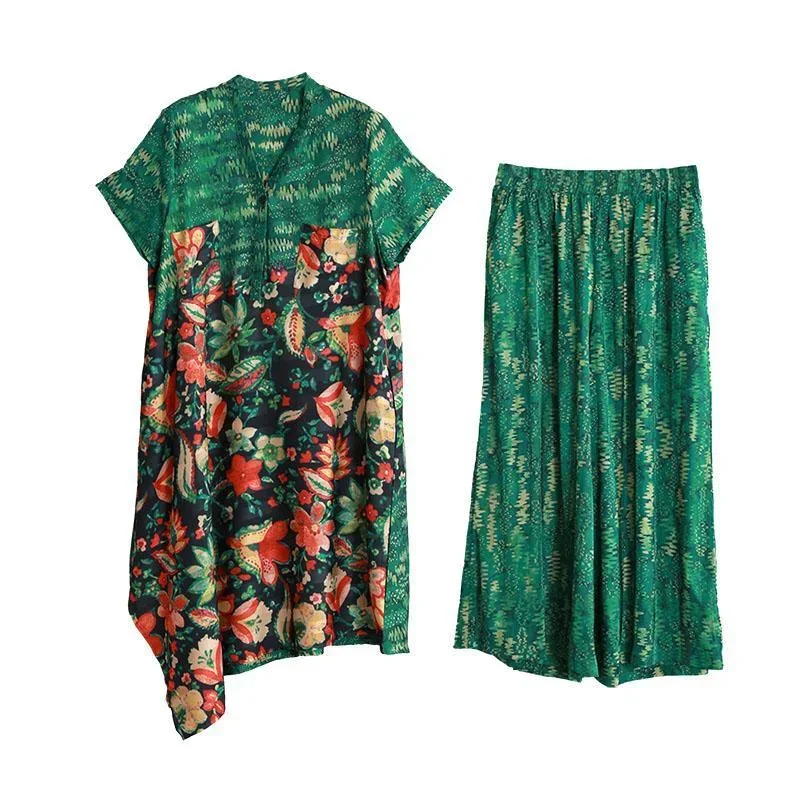 women-green-print-v-neck-asymmetric-top-and-elastic-waist-wide-leg-pants