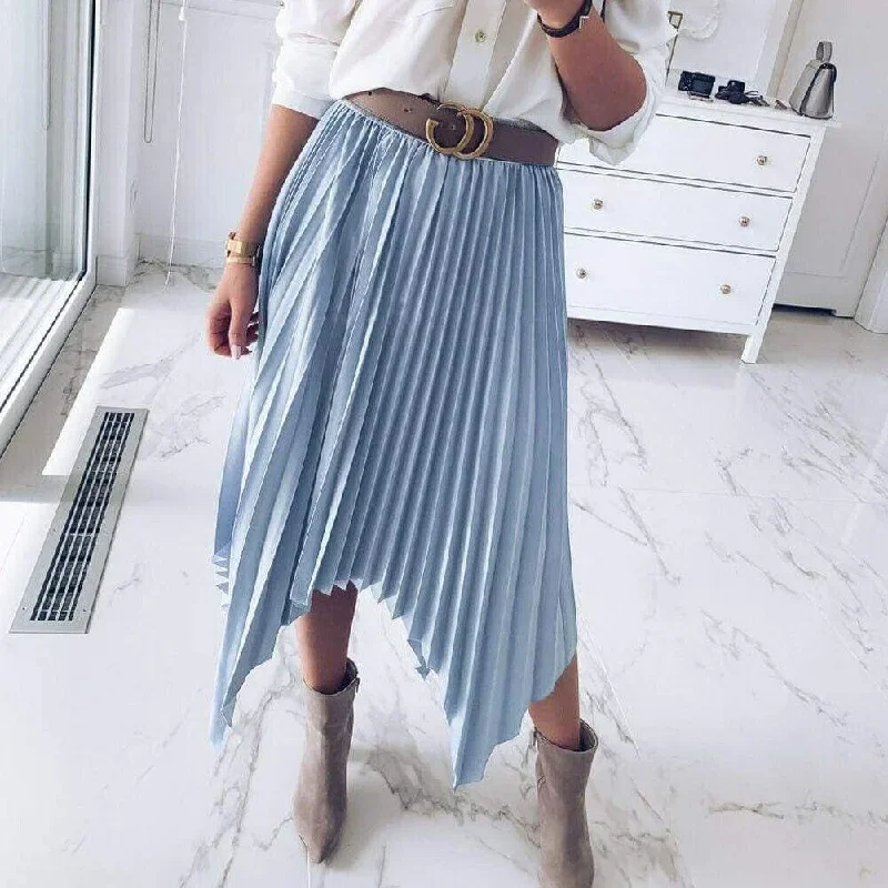 FashionSierra - Women Pleated Skirt Elastic High Waist Solid Color Midi A-line Skirt Casual Summer Beach Swing Midi Sundress