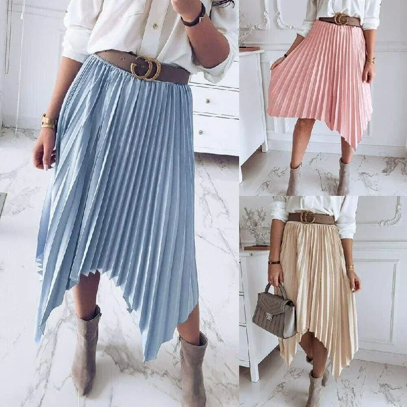 women-pleated-skirt-elastic-high-waist-solid-color-midi-a-line-casual-summer-beach-swing